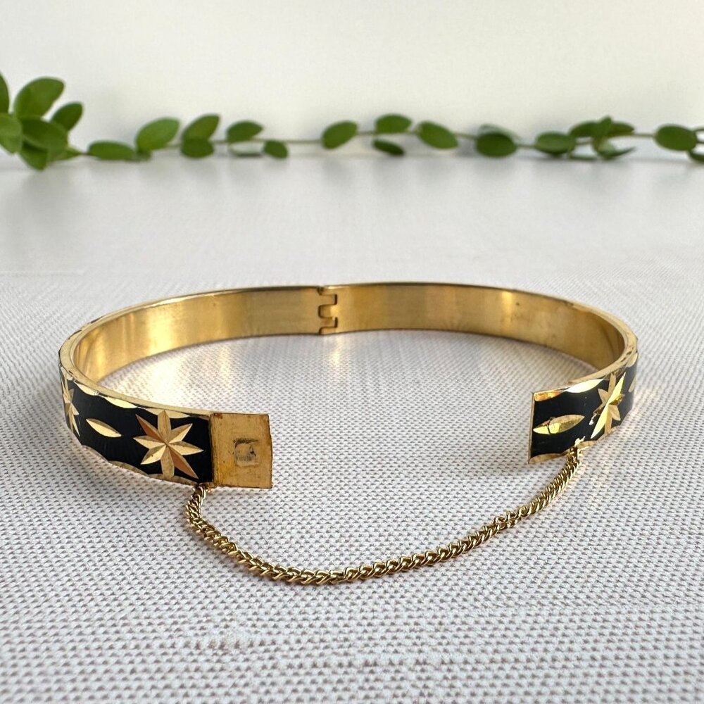 Black & Gold Enameled Hinged Bracelet with Star Etching and Safety Chain 7" - Picture 6 of 9